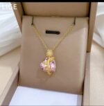 Pink Crystal Pendant Necklace Gold Plated For Women Girls Fashion Jewellery Gift - Delicate Heart Shaped Stone Chain - Image 3
