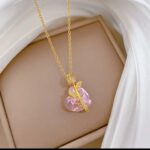 Pink Crystal Pendant Necklace Gold Plated For Women Girls Fashion Jewellery Gift - Delicate Heart Shaped Stone Chain
