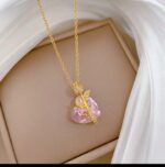 Pink Crystal Pendant Necklace Gold Plated For Women Girls Fashion Jewellery Gift - Delicate Heart Shaped Stone Chain