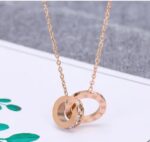 Roman Numeral Double Ring Gold Pendant Necklace