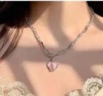 Pink Crystal Heart Silver Pendant Necklace