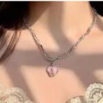 Pink Crystal Heart Silver Pendant Necklace
