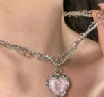 Pink Crystal Heart Silver Pendant Necklace - Image 3
