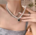 Pearl Black Heart Charm Layered Necklace - Image 4