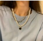 Pearl Black Heart Charm Layered Necklace - Image 3