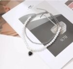 Pearl Black Heart Charm Layered Necklace - Image 2