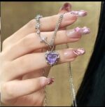 Purple Crystal Heart Star Silver Necklace