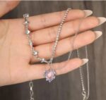 Purple Crystal Heart Star Silver Necklace - Image 3