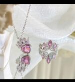 Princess Crown Pink Crystal Heart Silver Necklace - Image 2