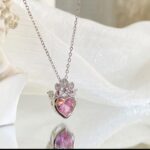 Princess Crown Pink Crystal Heart Silver Necklace