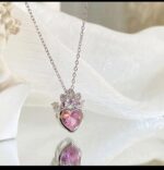 Princess Crown Pink Crystal Heart Silver Necklace