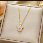 Pink Crystal Mouse Charm Gold Pendant Necklace - Image 2