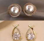 Gold Plated Pearl & Crystal Stud Earrings Combo for Women & Girls | Stylish Party Wear Earrings Set