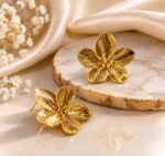 Elegant Gold Tone Flower Stud Earrings for Women Textured Floral Statement Jewellery for Party Wedding Festive Ethnic and Stylish Everyday Wear