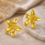 Elegant Gold Tone Floral Stud Earrings for Women Smooth Five Petal Flower Statement Jewellery for Party Wedding Festive Ethnic and Everyday Wear