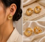 Elegant Gold Tone Textured Open Circle Stud Earrings for Women Ribbed Geometric Statement Jewellery for Party Wedding Festive and Everyday Wear - Image 2