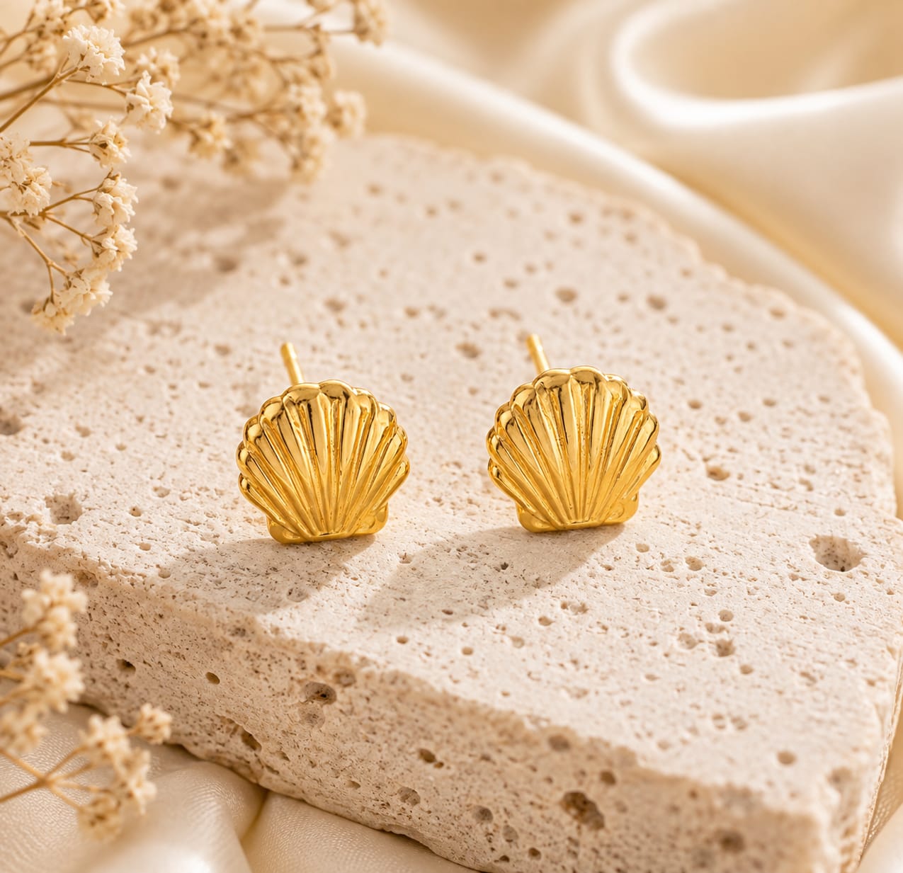 1 Elegant Gold Tone Seashell Stud Earrings for Women Textured Shell Design Statement Jewellery for Party Wedding Festive Beach Vacation and Everyday Wear - Image 1