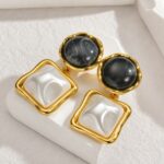 Elegant Black and White Square Drop Earrings for Women, Dual-Tone Geometric Design with Glossy Marble Effect Stones and Gold Tone Border, Trendy Fashion Jewellery for Party and Daily Wear