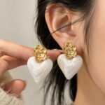 Elegant White Heart Drop Earrings for Women, Glossy Marble Effect Heart Design with Textured Gold Tone Floral Studs, Romantic Trendy Fashion Jewellery for Party, Festive and Daily Wear