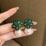 Elegant Green Crystal Pearl Drop Earrings for Women, Sparkling Emerald Green Floral Stud Design with Rhinestone Detailing and Large Pearl Drops, Trendy Statement Fashion Jewellery for Party, Wedding and Festive Wear