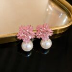 Elegant Pink Crystal Pearl Drop Earrings for Women, Sparkling Floral Cluster Design with Radiant Pink Stones and Large White Pearl Drops, Trendy Statement Fashion Jewellery for Party, Wedding, Festive and Special Occasion Wear
