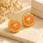 Orange Bee Stud Earrings for Women Gold Tone Round Floral Design with Bee Detail Trendy Fashion Jewellery for Party Casual Festive and Everyday Wear
