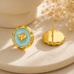 Blue Bee Stud Earrings for Women Gold Tone Round Floral Design with Bee Detail Trendy Fashion Jewellery for Party Casual Festive and Everyday Wear