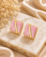 Pink Enamel Geometric Stud Earrings for Women | Gold-Tone Square Design | Elegant Trendy Fashion Jewellery for Casual, Office, Party and Festive Wear