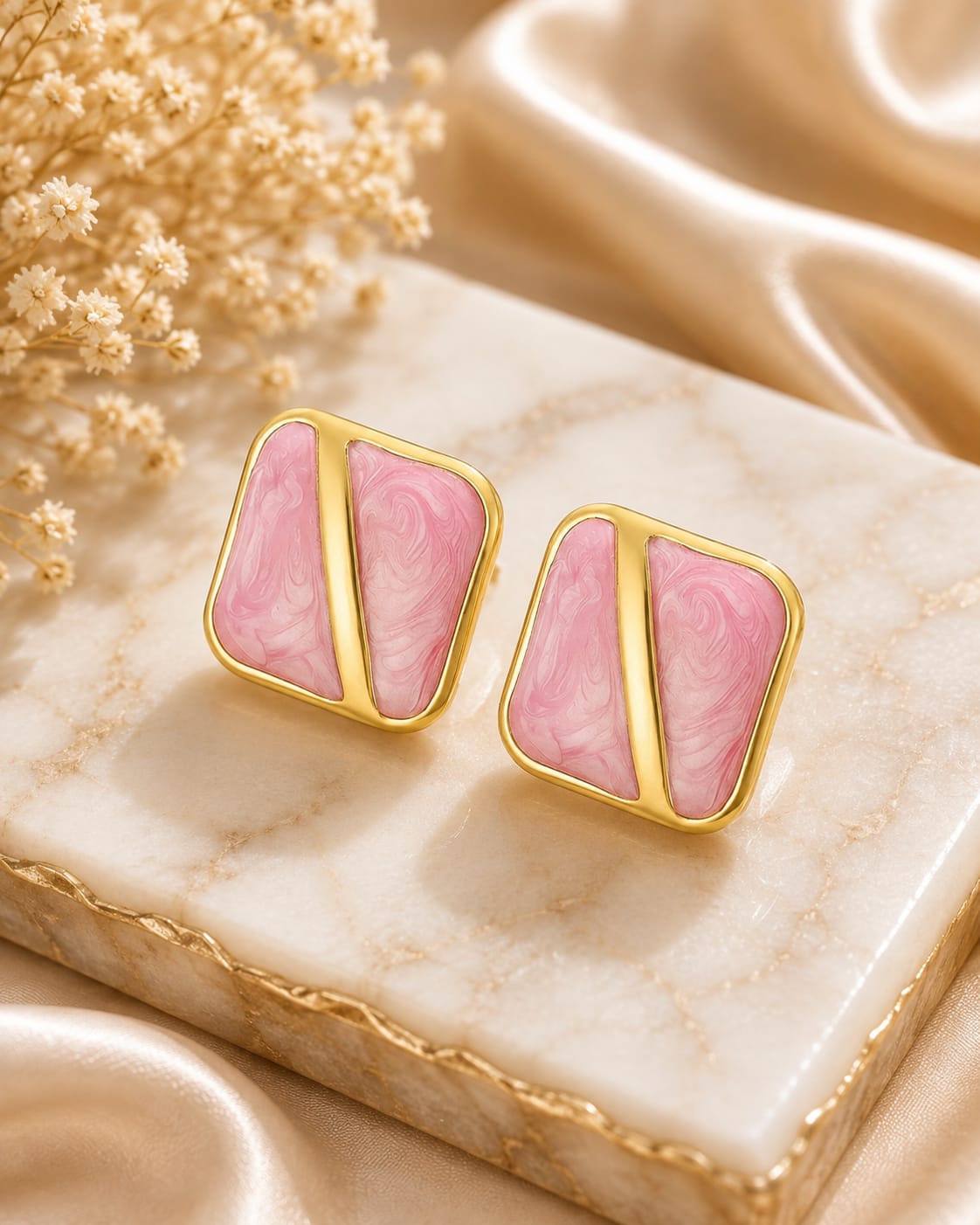 1 Pink Enamel Geometric Stud Earrings for Women | Gold-Tone Square Design | Elegant Trendy Fashion Jewellery for Casual, Office, Party and Festive Wear - Image 1