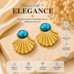 Turquoise Blue Stone Fan Shape Earrings for Women | Gold-Tone Shell Design Stud Earrings | Elegant Trendy Fashion Jewellery for Casual, Party and Festive Wear - Image 2