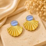 Gold-Tone Shell Fan Earrings with Blue Cat Eye Stone for Women | Elegant Statement Stud Earrings | Trendy Fashion Jewellery for Party, Festive and Casual Wear