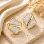 White Marble Effect Geometric Stud Earrings with Gold Tone Finish for Women | Elegant Minimal Statement Jewellery | Trendy Party, Office, Festive & Casual Wear