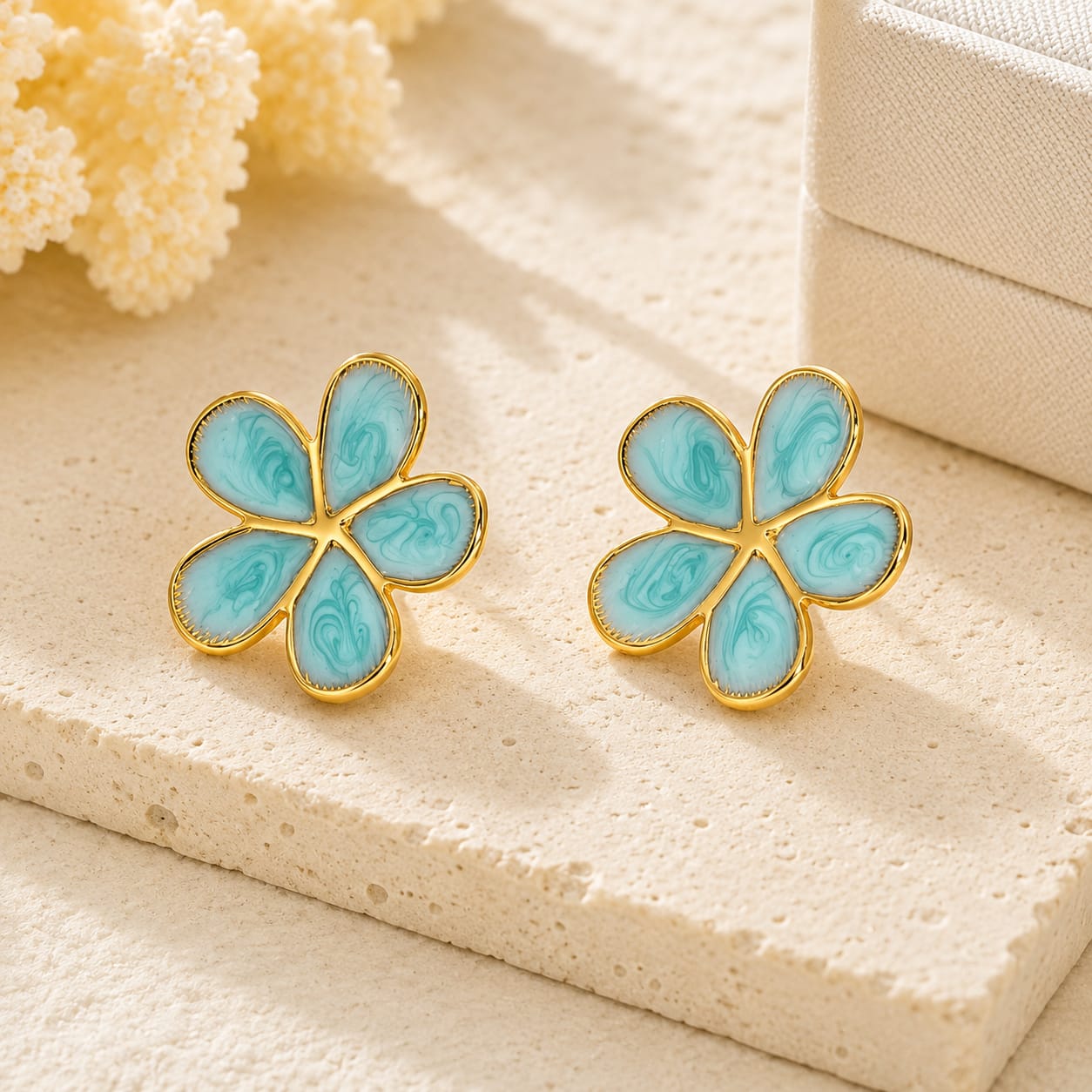 1 Elegant Aqua Blue Floral Stud Earrings for Women, Gold Tone Five Petal Flower Design with Artistic Swirl Pattern, Stylish Lightweight Fashion Jewellery for Party, Festive, Office and Casual Wear - Image 1