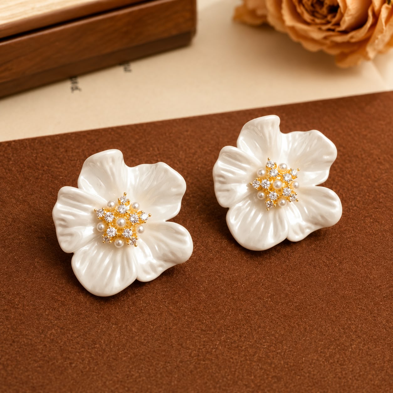 1 Elegant White Floral Stud Earrings for Women, Beautiful Flower Shaped Design with Pearl and Sparkling Rhinestone Center, Stylish Statement Fashion Jewellery for Party, Wedding, Festive and Special Occasions - Image 1