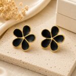 Elegant Black Flower Stud Earrings for Women, Gold Tone Five Petal Floral Design, Stylish Minimalist Fashion Jewellery for Party, Festive, Office and Everyday Wear