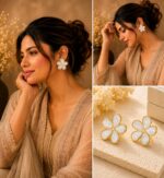 Elegant White Flower Stud Earrings for Women, Gold Tone Five Petal Floral Design with Textured Finish, Stylish Minimalist Fashion Jewellery for Party, Office, Festive and Everyday Wear - Image 3
