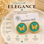 Elegant Green Butterfly Stud Earrings for Women, Gold Tone Round Earrings with Enamel Finish, Trendy Fashion Jewellery for Party, Office, Festive and Everyday Wear - Image 2