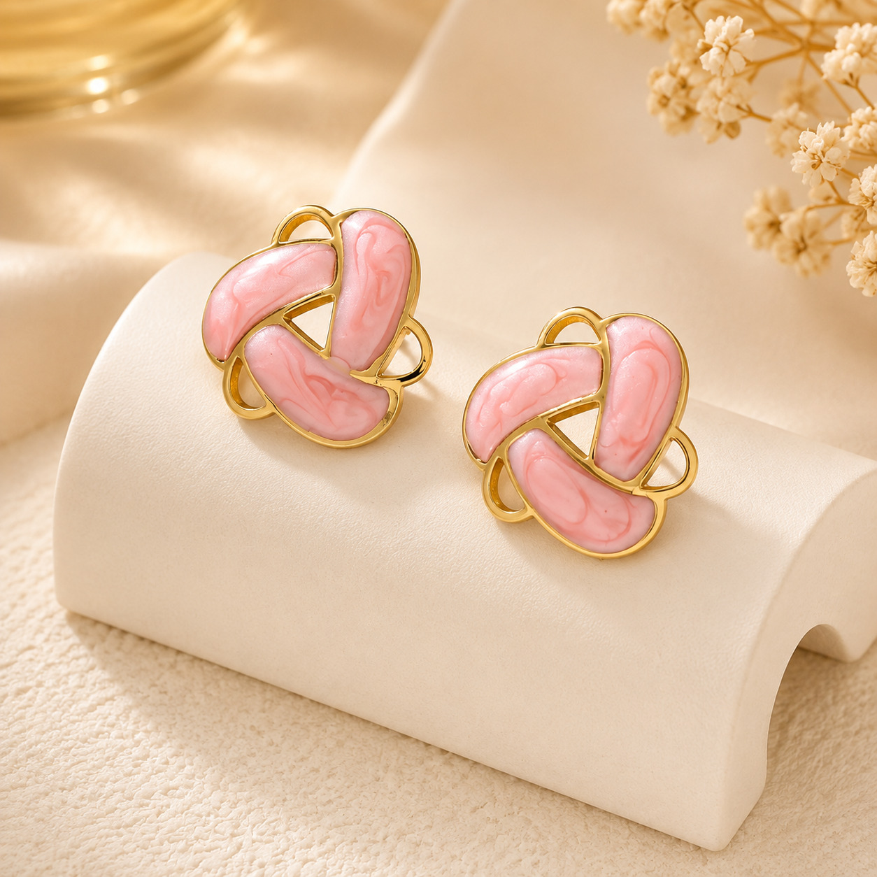 1 Elegant Pink Enamel Floral Stud Earrings for Women, Gold Tone Geometric Flower Design Earrings, Trendy Fashion Jewellery for Party, Office, Festive and Everyday Wear - Image 1