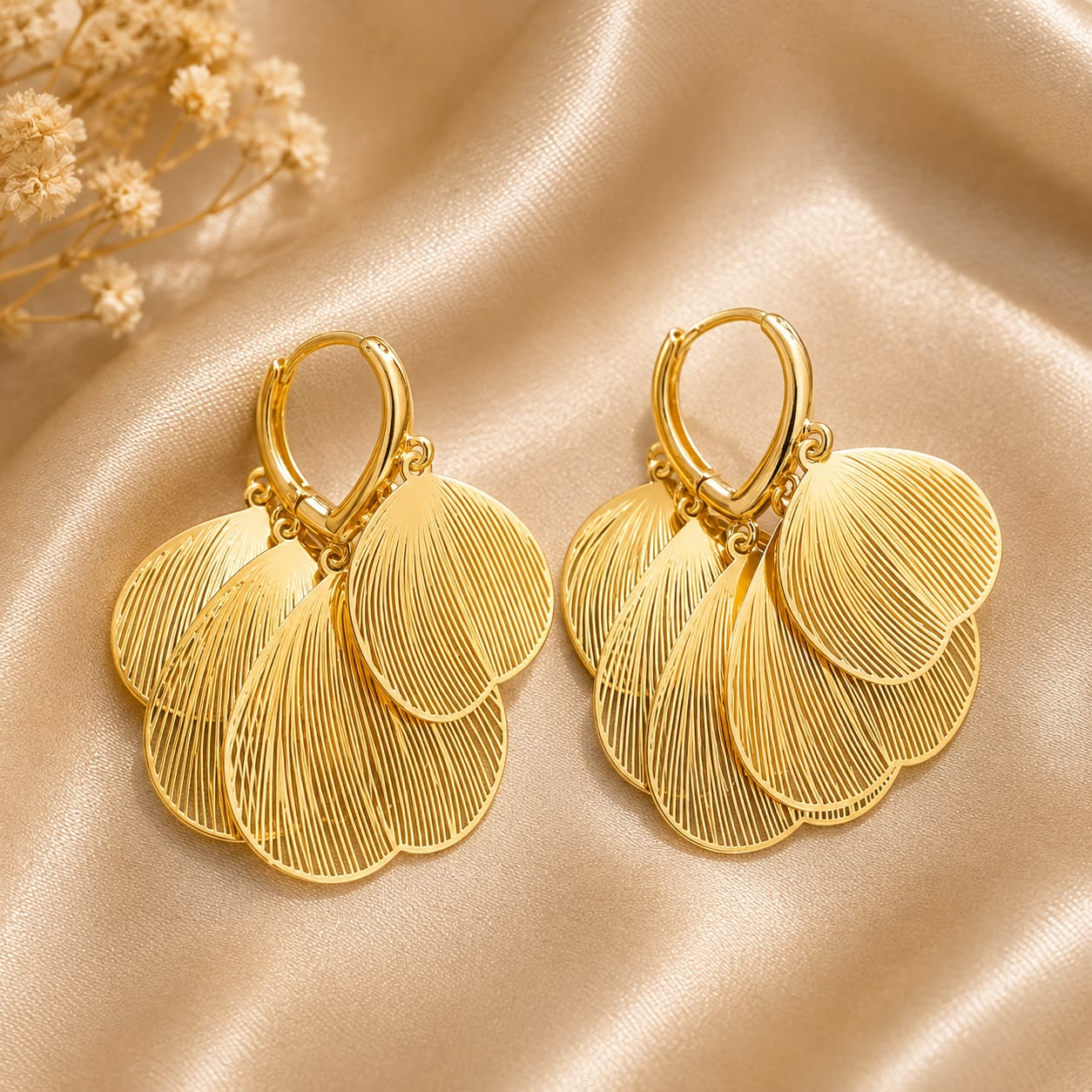 1 Elegant Gold Tone Leaf Drop Earrings for Women, Layered Textured Leaf Design with Fine Line Detailing, Stylish Statement Fashion Jewellery for Party, Wedding, Festive and Special Occasions - Image 1
