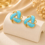 Elegant Sky Blue Enamel Geometric Stud Earrings for Women, Gold Tone Floral Inspired Statement Earrings, Trendy Fashion Jewellery for Party, Office, Festive and Everyday Wear