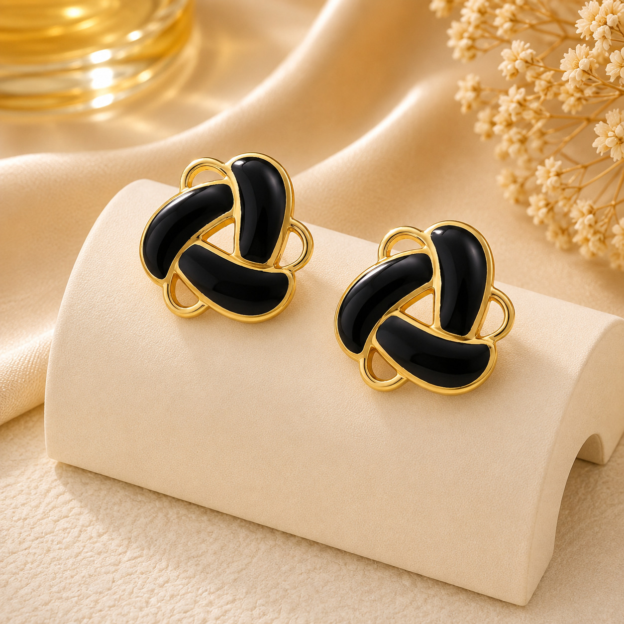 1 Elegant Black Enamel Geometric Stud Earrings for Women, Gold Tone Contemporary Statement Earrings, Stylish Fashion Jewellery for Party, Office, Festive and Everyday Wear - Image 1