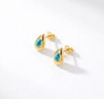 Elegant Gold Tone Teardrop Stud Earrings with Blue Turquoise Stone Accent for Women, Stylish Statement Fashion Jewellery for Party, Festive, Office and Everyday Wear - Image 2