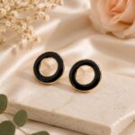 Elegant Black Enamel Circle Stud Earrings for Women, Gold Tone Round Hoop Inspired Minimalist Earrings, Stylish Contemporary Fashion Jewellery for Party, Office, Festive and Everyday Wear