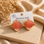Elegant Coral Pink Enamel Square Stud Earrings for Women, Gold Tone Geometric Statement Design, Stylish Stainless Steel Fashion Jewellery for Party, Office, Festive and Everyday Wear