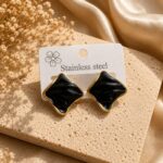 Elegant Black Enamel Square Stud Earrings for Women, Gold Tone Geometric Statement Design, Stylish Stainless Steel Fashion Jewellery for Party, Office, Festive and Everyday Wear