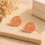 Elegant Pink Leaf Shape Stud Earrings for Women, Gold Tone Floral Leaf Design, Stainless Steel Fashion Jewellery, Stylish Statement Earrings for Girls, Party Wear, Festive and Everyday Accessories