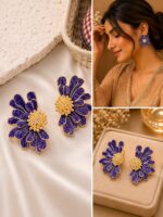 Elegant Purple Floral Statement Stud Earrings for Women and Girls, Gold Tone Layered Flower Earrings with Intricate Beaded Center and Textured Purple Enamel Finish, Stylish Jewellery for Party, Wedding, Festive and Everyday Wear - Image 3