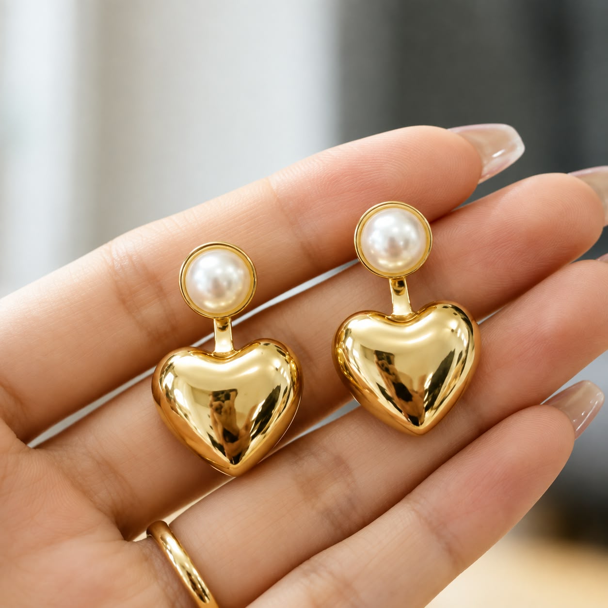 1 Elegant Gold Heart Pearl Drop Earrings for Women, Stylish Heart-Shaped Dangle Earrings with Round Pearl Studs, Minimal Trendy Fashion Jewellery for Party, Date and Festive Wear - Image 1