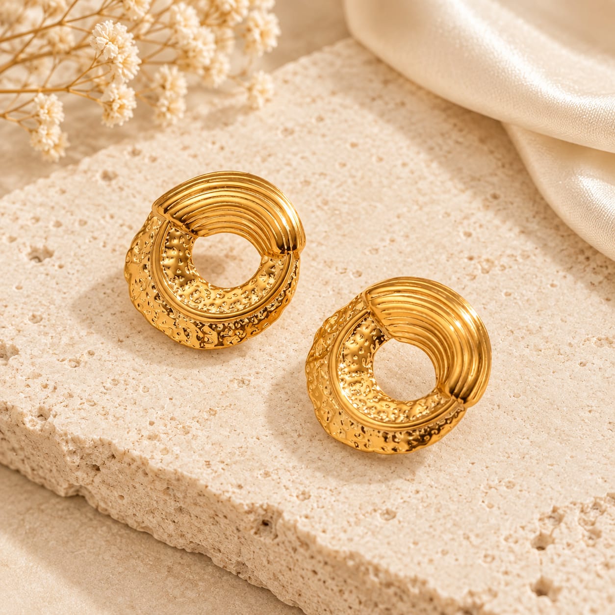 2 Elegant Gold Tone Textured Open Circle Stud Earrings for Women Ribbed Geometric Statement Jewellery for Party Wedding Festive and Everyday Wear - Image 1