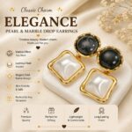 Elegant Black and White Square Drop Earrings for Women, Dual-Tone Geometric Design with Glossy Marble Effect Stones and Gold Tone Border, Trendy Fashion Jewellery for Party and Daily Wear - Image 2